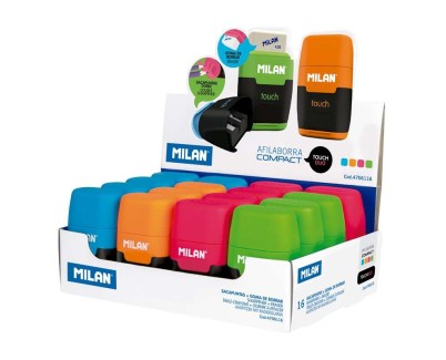 Milan Compact Fluo Expositor de 16 Afilaborras - Uso Estandar y Maxi - Cuchilla de Acero - Goma de Borrar - Cuchilla de Seguridad - Colores Surtidos