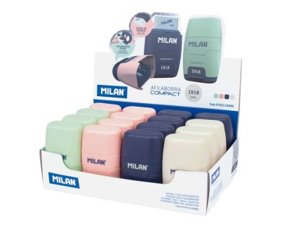 Milan Compact Serie 1918 Expositor de 16 Afilaborras Compact con Goma de Borrar - Sacapuntas Doble - Cuchilla de Seguridad - Colores Beige, Azul, Rosa y Verde