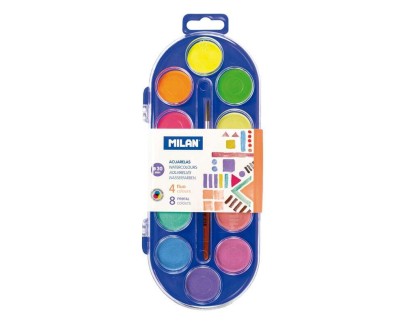 Milan Estuche de 12 Acuarelas Ø30 mm + Pincel  Serie 101 - Mezclable - Colores Fluorescentes y Metalizados