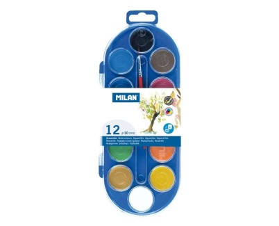 Milan Estuche de 12 Acuarelas Ø30 mm + Pincel  Serie 101 - Mezclable - Colores Surtidos