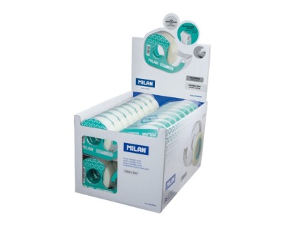 Milan Expositor de 36 Cintas Adhesivas Invisibles con Dispensador - Medidas 19mm x 33m - Color Transparente Mate
