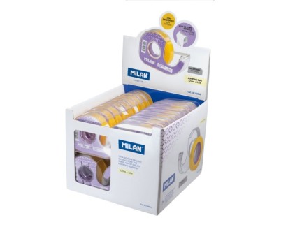 Milan Expositor de 36 Cintas Adhesivas Transparentes con Dispensador - Medidas 12mm x 33m - Color Amarillo Transparente