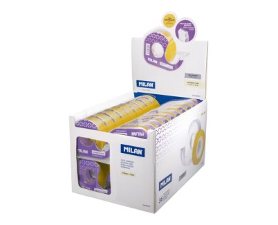 Milan Expositor de 36 Cintas Adhesivas Transparentes con Dispensador - Medidas 19mm x 33m - Color Amarillo Transparente