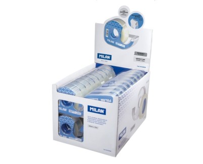 Milan Expositor de 36 Cintas Adhesivas Transparentes con Dispensador - Medidas 19mm x 33m - Color Transparente Brillante
