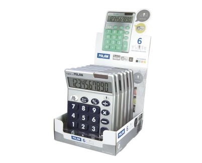 Milan Expositor de 6 Calculadoras 10 Digitos Silver - Calculadora de Sobremesa - Teclas Grandes - Tecla Rectificacion Entrada de Datos - Colores Surtidos