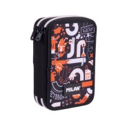 Milan Fingers Plumier de 2 Pisos con Regla - Sacapuntas - Gomas de Borrar - Lapices de Grafito y de Colores - Rotuladores - Boligrafo Azul - 19.5x13x5cm - Color Naranja