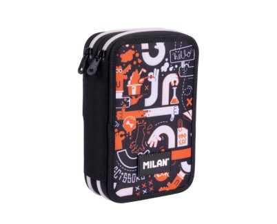 Milan Fingers Plumier de 2 Pisos con Regla - Sacapuntas - Gomas de Borrar - Lapices de Grafito y de Colores - Rotuladores - Boligrafo Azul - 19.5x13x5cm - Color Naranja