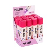 Milan Flowicorn Expositor con 12 Barras de Pegamento 21g - Multiusos - Multisuperficies - Sin Disolventes - Uso Escolar - Color Violeta
