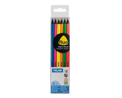 Milan Fluo Pack de 6 Lapices Triangulares de Colores - Mina 2.9mm - Ergonomicos - Resistente a la Rotura - Madera de Tilo - Colores Surtidos