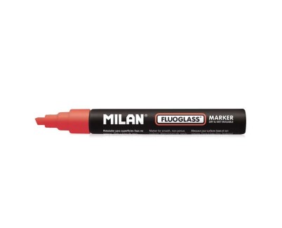 Milan Fluoglass Rotulador Superficies Lisas (No Porosas) - Punta Biselada - Trazo de 2 a 4mm - Tinta al Agua - Borrado Facil - Color Rojo