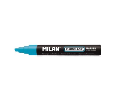 Milan Fluoglass Rotulador Superficies Lisas - Punta Biselada - Trazo de 2 - 4mm - Tinta al Agua - Borrado Facil - Color Azul