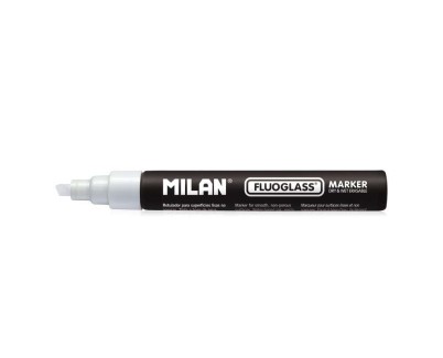 Milan Fluoglass Rotulador Superficies Lisas - Punta Biselada - Trazo de 2 - 4mm - Tinta al Agua - Borrado Facil - Color Blanco