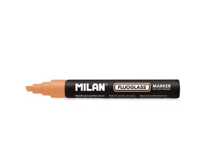 Milan Fluoglass Rotulador Superficies Lisas - Punta Biselada - Trazo de 2 - 4mm - Tinta al Agua - Borrado Facil - Color Naranja