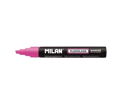Milan Fluoglass Rotulador Superficies Lisas - Punta Biselada - Trazo de 2 - 4mm - Tinta al Agua - Borrado Facil - Color Rosa
