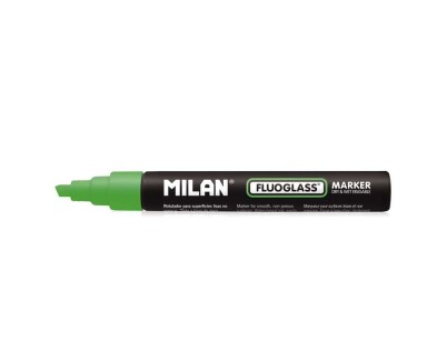 Milan Fluoglass Rotulador Superficies Lisas - Punta Biselada - Trazo de 2 - 4mm - Tinta al Agua - Borrado Facil - Color Verde