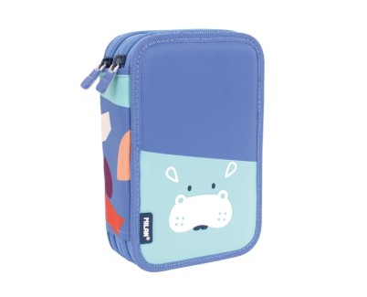 Milan Fun Animals Plumier de 2 Pisos con 2 Gomas de Borrar, Sacapuntas, Lapiz, Boligrafo Capsule, Regla, 12 Lapices de Colores y 18 Rotuladores - Color Azul/Turquesa