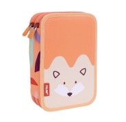 Milan Fun Animals Plumier de 2 Pisos con 2 Gomas de Borrar, Sacapuntas, Lapiz, Boligrafo Capsule, Regla, 12 Lapices de Colores y 18 Rotuladores - Color Naranja/Beige