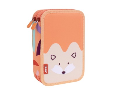 Milan Fun Animals Plumier de 2 Pisos con 2 Gomas de Borrar, Sacapuntas, Lapiz, Boligrafo Capsule, Regla, 12 Lapices de Colores y 18 Rotuladores - Color Naranja/Beige