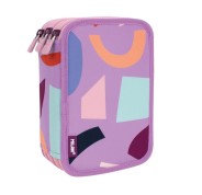 Milan Fun Animals Plumier de 3 Pisos con Goma de Borrar, Sacapuntas, Lapiz, 3 Boligrafos, Regla, 12 Lapices de Colores, 6 Lapices de Colores Fluo, 5 Fluorescentes, Tijeras y 18 Rotuladores - Color Rosa/Violeta