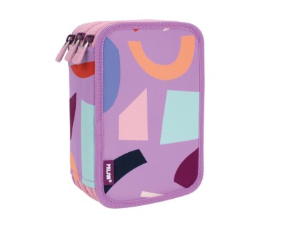 Milan Fun Animals Plumier de 3 Pisos con Goma de Borrar, Sacapuntas, Lapiz, 3 Boligrafos, Regla, 12 Lapices de Colores, 6 Lapices de Colores Fluo, 5 Fluorescentes, Tijeras y 18 Rotuladores - Color Rosa/Violeta