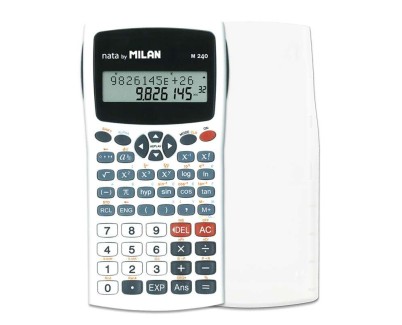 Milan M240 Calculadora Cientifica 10+2 Digitos - Pantalla de 2 Lineas - 240 Funciones Integradas Incluyendo 124 Cientificas - Carcasa Protectora - Color Blanco/Gris/Azul
