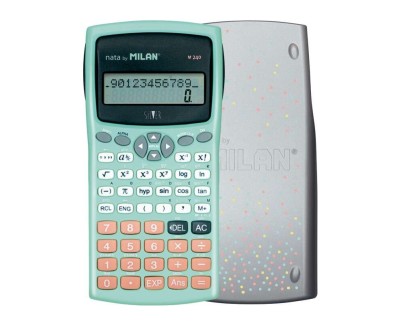 Milan M240 Calculadora Cientifica 10+2 Digitos - Pantalla de 2 Lineas - 240 Funciones Integradas Incluyendo 124 Cientificas - Carcasa Protectora - Color Turquesa/Blanco/Rosa