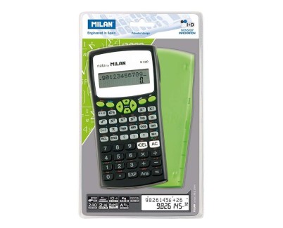 Milan M240 Calculadora Cientifica 10+2 Digitos - Pantalla de 2 Lineas - 240 Funciones Integradas Incluyendo 124 Cientificas - Carcasa Protectora Verde - Color Negro/Blanco/Verde/Gris