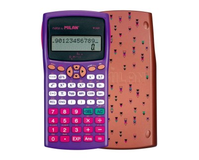 Milan M240 Calculadora Cientifica Copper 10+2 Digitos - Pantalla de 2 Lineas - 240 Funciones Integradas Incluyendo 124 Cientificas - Carcasa Protectora Estampada - Color Violeta/Blanco/Rosa