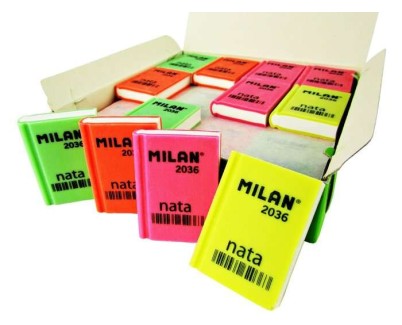 Milan Nata 2036 Goma de Borrar Rectangular - Plastico - Suave - Dise&ntilde;o Libro - Colores Fluorescentes Surtidos