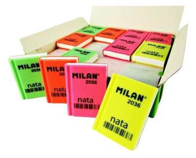 Milan Nata 2036 Goma de Borrar Rectangular - Plastico - Suave - Diseño Libro - Colores Fluorescentes Surtidos