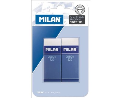 Milan Nata 320 Pack de 2 Gomas de Borrar Rectangulares - Plastico - Faja de Carton Azul - Todo tipo de Superficies - Color Blanco