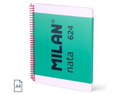 Milan Nata 624 Cuaderno Espiral Formato A4 Liso - 80 Hojas de 95 gr/m2 - Microperforado, 4 Taladros - Color Verde