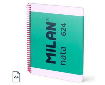 Milan Nata 624 Cuaderno Espiral Formato A4 Pautado 7mm - 80 Hojas de 95 gr/m2 - Microperforado, 4 Taladros - Color Verde