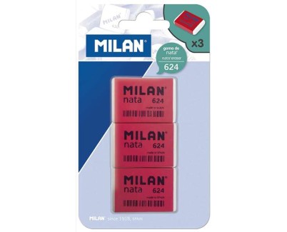 Milan Nata 624 Pack de 3 Gomas de Borrar Rectangulares - Plastico - Suave - No Abrasiva - Color Rojo/Blanco