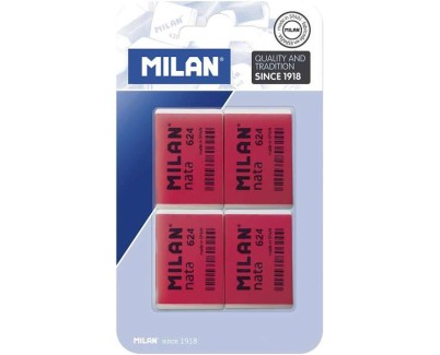 Milan Nata 624 Pack de 4 Gomas de Borrar Rectangulares - Plastico - Suave - No Abrasiva - Color Rojo/Blanco