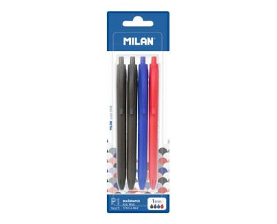 Milan P1 Touch Pack de 4 Boligrafos de Bola Retractiles - Punta Redonda 1mm - Tinta con Base de Aceite - Escritura Suave - 1.200m de Escritura - Color Negro x2, Azul y Rojo