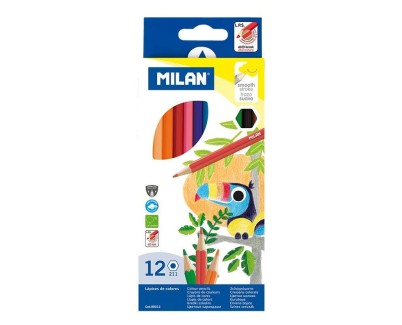 Milan Pack de 12 Lapices Hexagonales de Colores - Mina 2.9mm - Trazo Uniforme - Resistente a la Rotura - Colores Surtidos