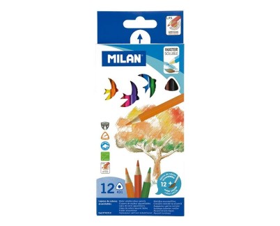 Milan Pack de 12 Lapices Triangulares de Colores Acuarelables + Pincel - Mina 2.9mm - Trazo Uniforme - Resistente a la Rotura - Madera de Bosques Sostenibles - Colores Surtidos
