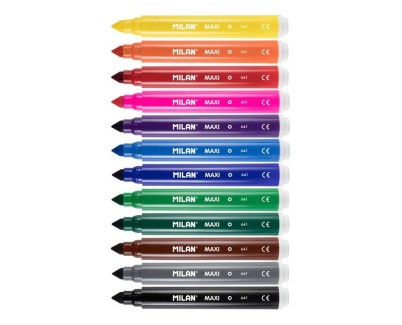 Milan Pack de 12 Rotuladores Maxi - Punta Conica 7.5mm - Tinta al Agua - Lavable - Colores Surtidos