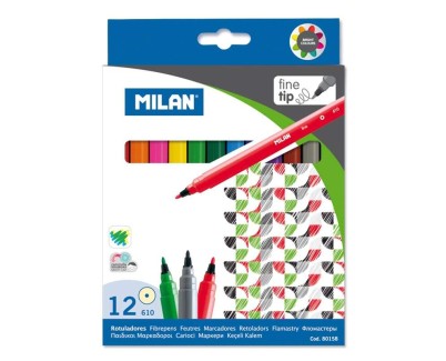 Milan Pack de 12 Rotuladores - Punta Fina de 2mm - Tinta al Agua - Lavable - Colores Surtidos