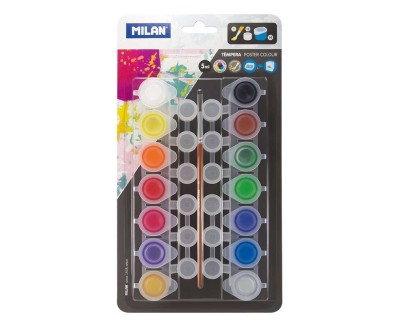 Milan Pack de 14 Tarros de Tempera 5 ml + 12 Botes para Mezclas + 1 Pincel Serie 101 - Secado Rapido - Mezclable - Colores Surtidos