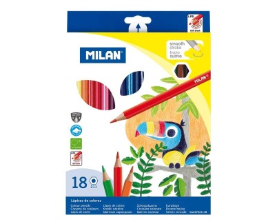 Milan Pack de 18 Lapices Hexagonales de Colores - Mina 2.9mm - Trazo Uniforme - Resistente a la Rotura - Colores Surtidos
