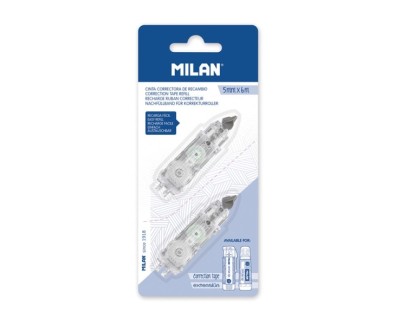 Milan Pack de 2 Recambios para Cinta Correctora 5mm x 6m - Compatible con Correctores Cilindrico y Extension