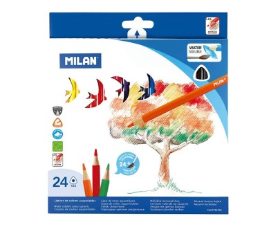 Milan Pack de 24 Lapices Triangulares Acuarelables + Pincel - Mina 2.9mm - Trazo Uniforme - Resistente a la Rotura - Colores Surtidos