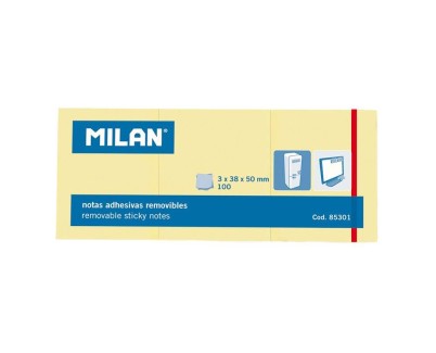 Milan Pack de 3 Blocs de 100 Notas Adhesivas Removibles - Tama&ntilde;o 38x50mm - Color Amarillo Claro