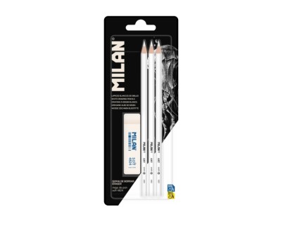 Milan Pack de 3 Lapices + 1 Goma para Dibujo - Mina Blanca para Papel Oscuro - Miga de Pan Flexible - Color Blanco