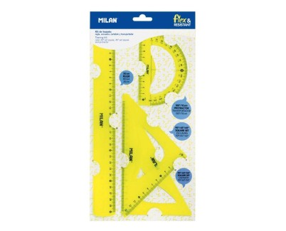 Milan Pack de 4 Reglas Flexibles y Resistentes - Regla, Escuadra, Cartabon y Transportador - Color Amarillo