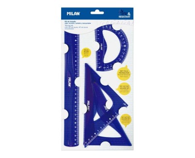 Milan Pack de 4 Reglas Flexibles y Resistentes - Regla, Escuadra, Cartabon y Transportador - Color Azul
