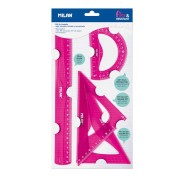 Milan Pack de 4 Reglas Flexibles y Resistentes - Regla, Escuadra, Cartabon y Transportador - Color Rosa