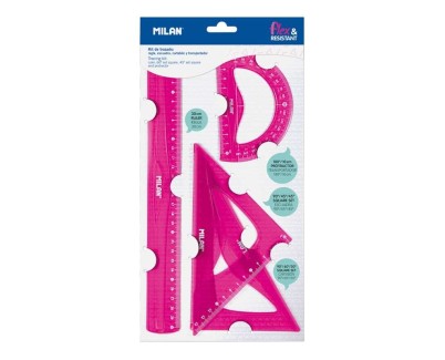 Milan Pack de 4 Reglas Flexibles y Resistentes - Regla, Escuadra, Cartabon y Transportador - Color Rosa